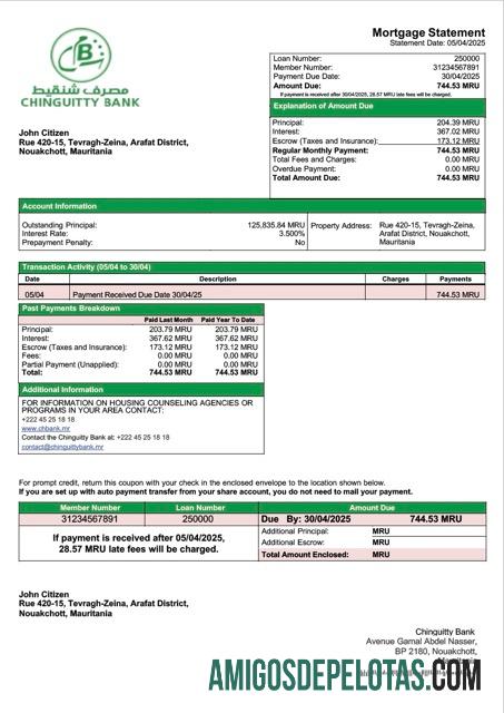 imprimível Mauritânia Chinguitty Bank Declaração de hipoteca Word e modelo PDF